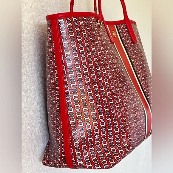 Tory Burch Gemini Link Large Red Logo Coated Canvas Vinyl Tote Bag - Picture 5 of 16